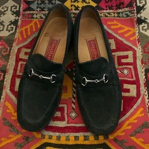 Cole Hahn Black Suede Horse Bit Loafer with chunky flat bottoms
